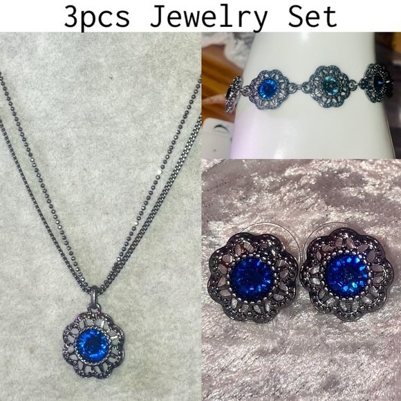 Blue Crystal & Hematite Statement Necklace Earrings Set - Picture 12 of 12